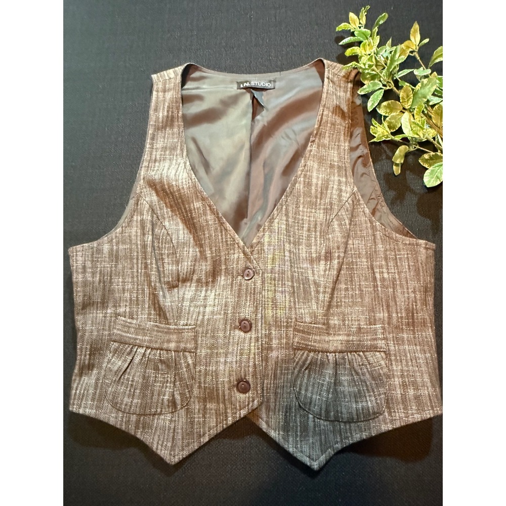 I.N. Studio Womens Brown Tailored Button Front Vest Adjustable Back Belt Size 8